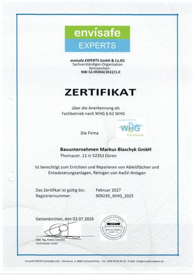 Zertifikat über die Anerkennung als Fachbetrieb nach § 62 WHG, ausgestellt von envisafe EXPERTS
